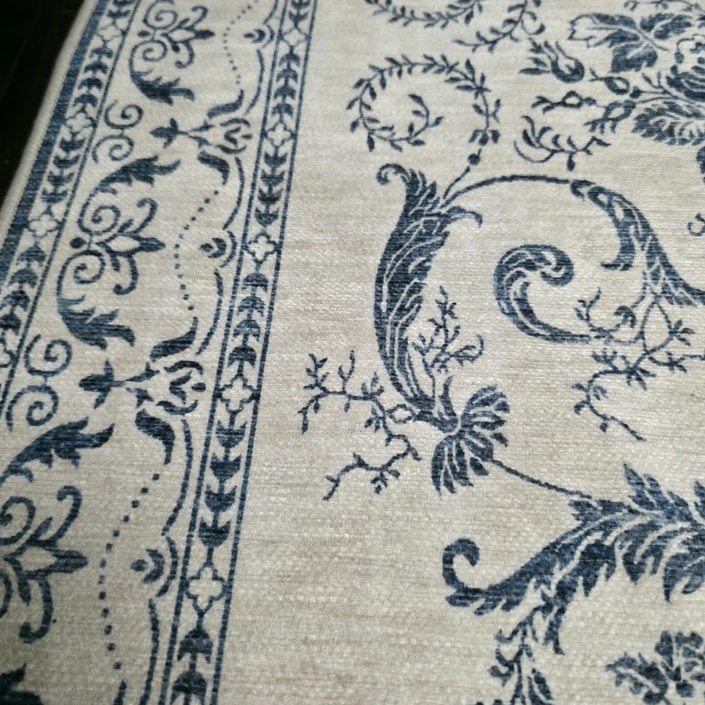 Laura Ashley Aure Blue Beige Floral Border Area Rug Machine Washable 44x25